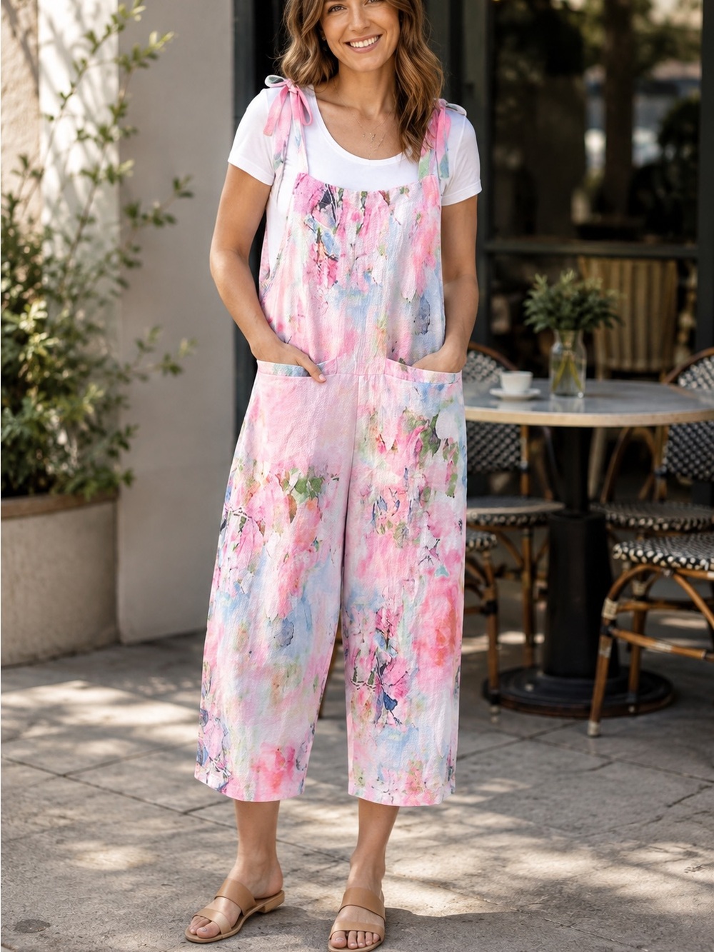 Watercolour Floral Tie-Strap Cropped Jumpsuit Size M Pink Wide Leg